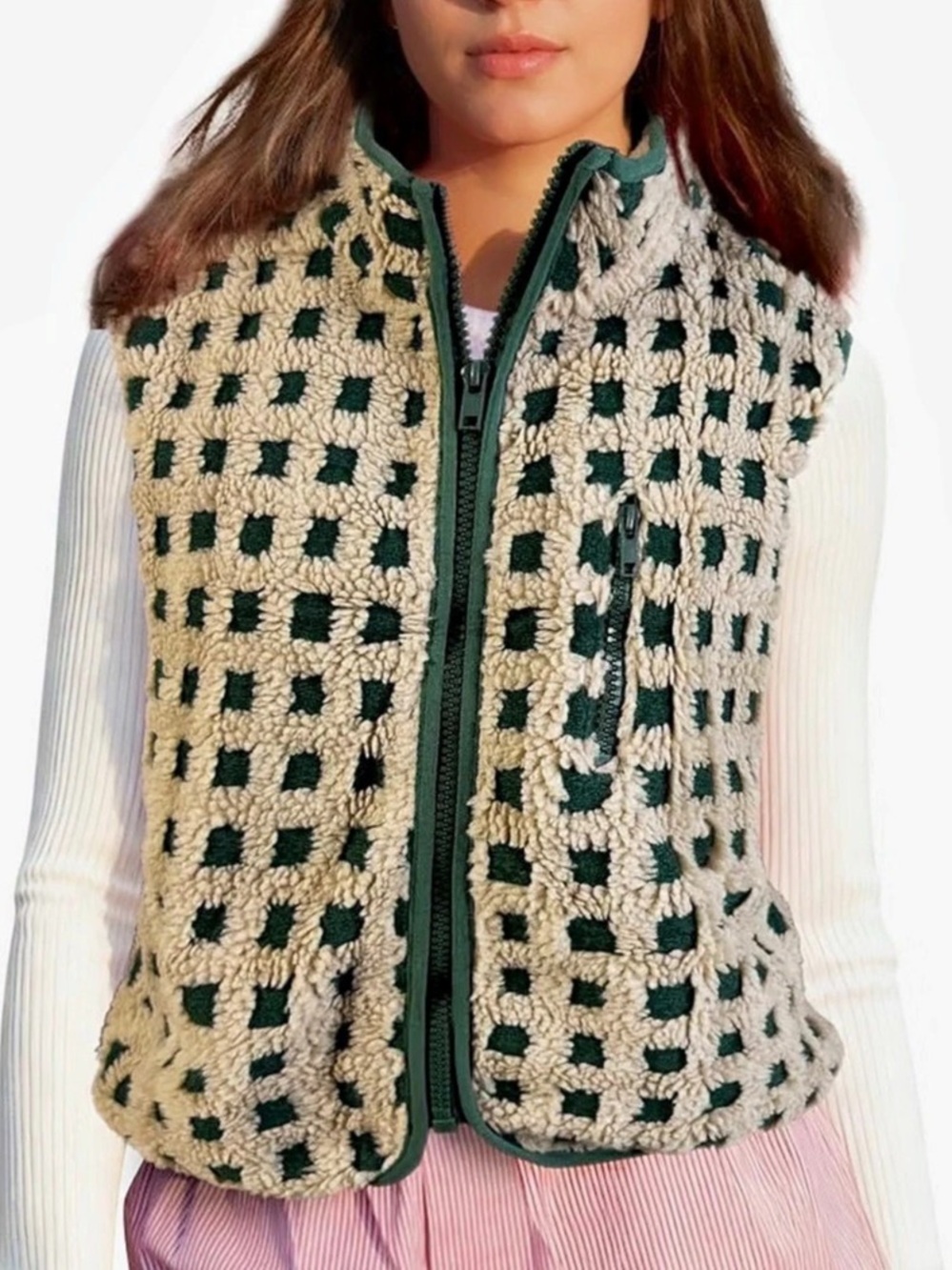 Plaid Fleece Vest Women Sleeveless Sherpa Vest Full Zip